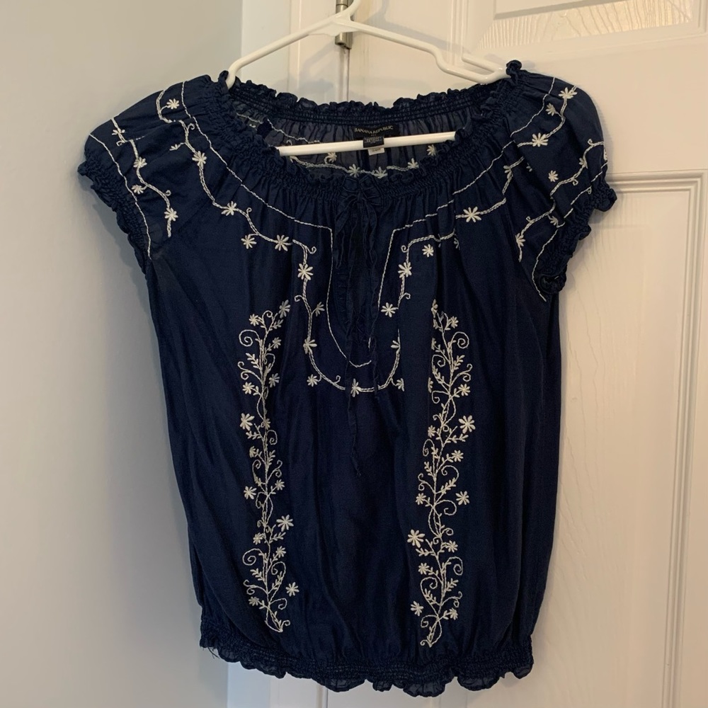Banana Republic Silk Blend Navy Embroidered Peasant Blouse